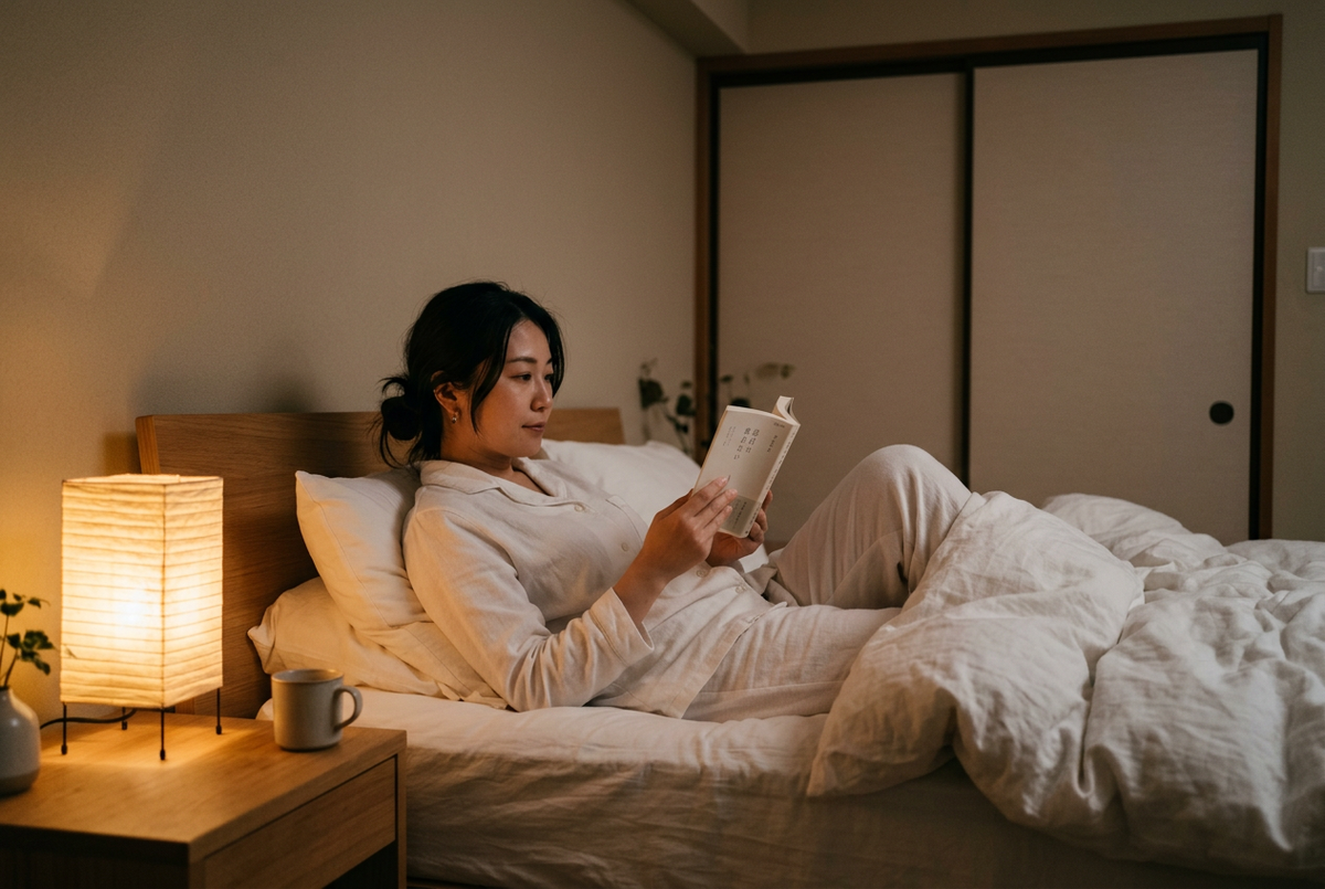 日本人女性モデル 就寝前読書シーン