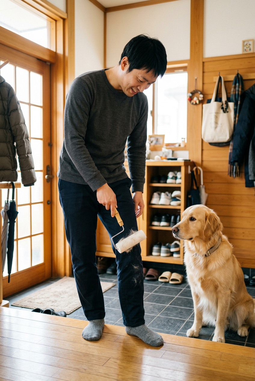 日本人男性モデル 出門前犬毛除去シーン